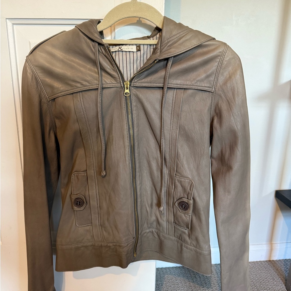 Mike & Chris Gray/Taupe Hooded Leather Jacket